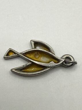 Mid Century Modern MCM Silver Amber Tone Bird Pendant Necklace Charm